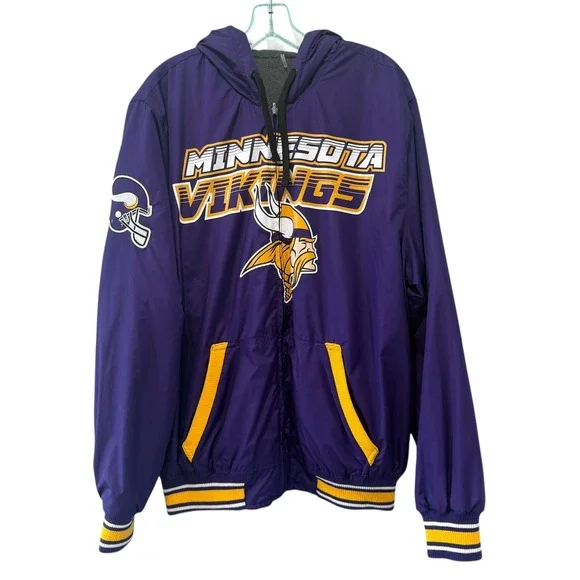Mens Minnesota Vikings NFL Zip Up Hoodie‎ Jacket Purple Gray XL Reversible